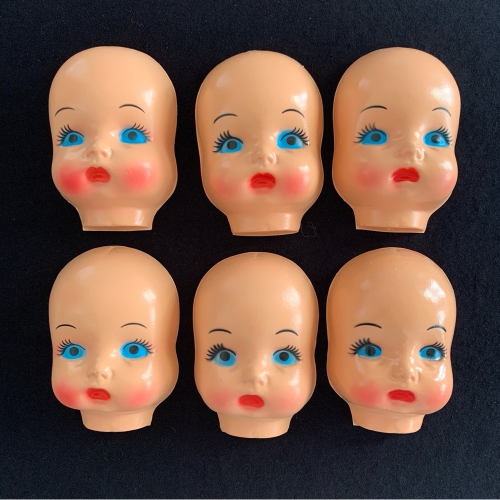 Vintage Lot MCM Celluloid Plastic Half Doll Heads Faces Blue Eyes Red Lips 4.5”